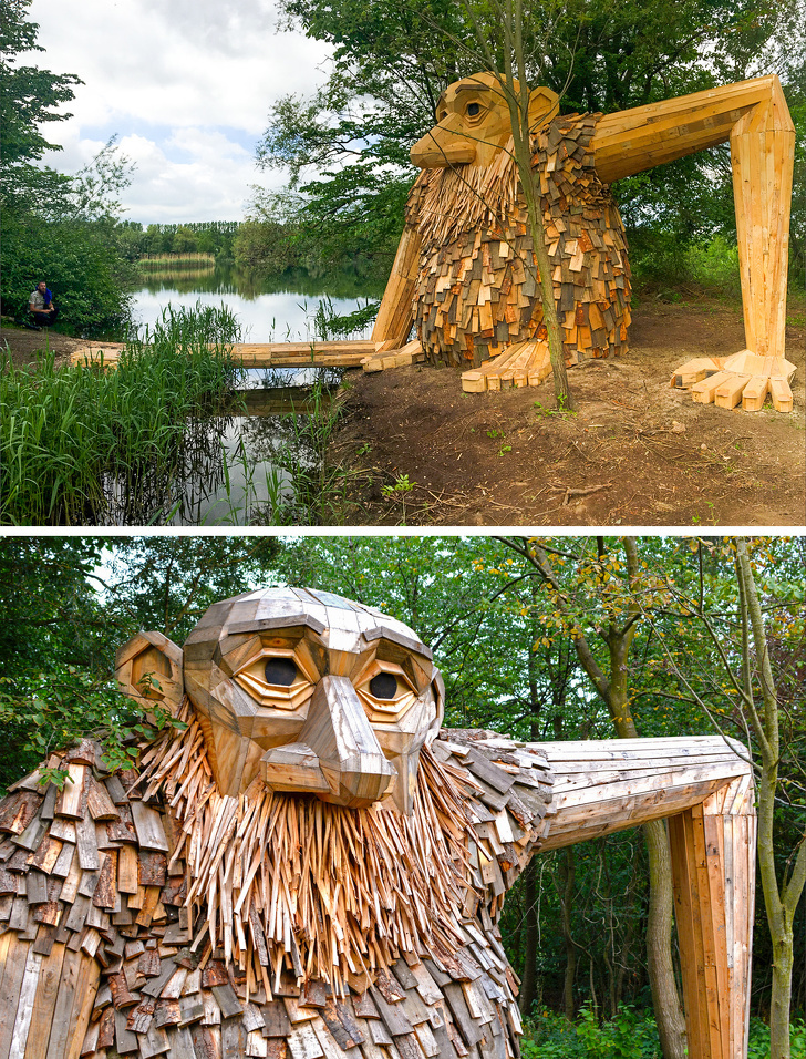 Độc đáo những bức tượng gỗ khổng lồ làm từ phế liệu ở Đan Mạch