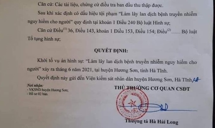 Hà Tĩnh: Khởi tố vụ án làm lây lan dịch bệnh truyền nhiễm ở huyện Hương Sơn
