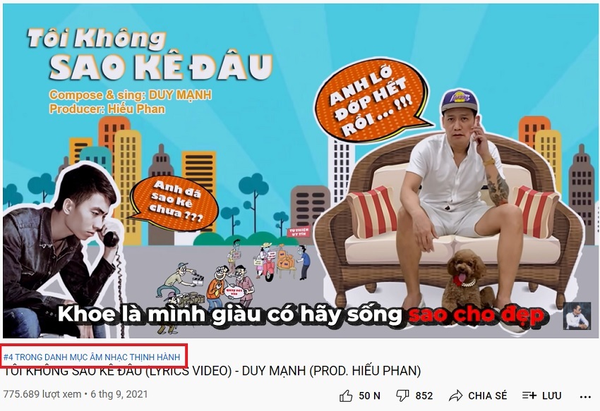 'Tôi không sao kê đâu' của Duy Mạnh lọt top 4 thịnh hành của Youtube Việt Nam, hơn 775.000 lượt xem
