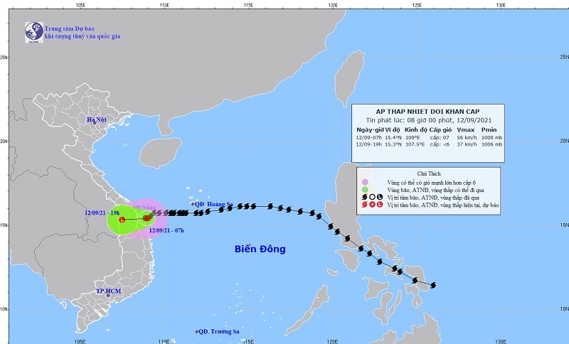 Tâm áp thấp nhiệt đới hiện ở trên biển Đà Nẵng đến Quảng Ngãi, nhiều tuyến đường ở Đà Nẵng ngập lớn