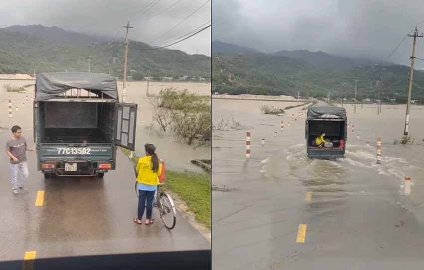 Clip ấm áp: Xe tải giúp nữ sinh kèm xe đạp 'quá giang' mùa mưa lũ miền Trung