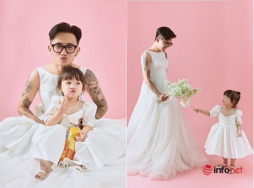 Cư dân mạng phát sốt với chùm ảnh ông bố đơn thân mặc váy cô dâu chụp ảnh cùng con