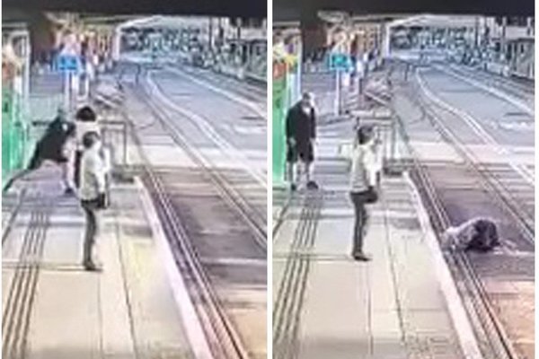 Gã đàn ông vô cớ đẩy người đi bộ ngã lộn nhào xuống đường ray tàu hỏa