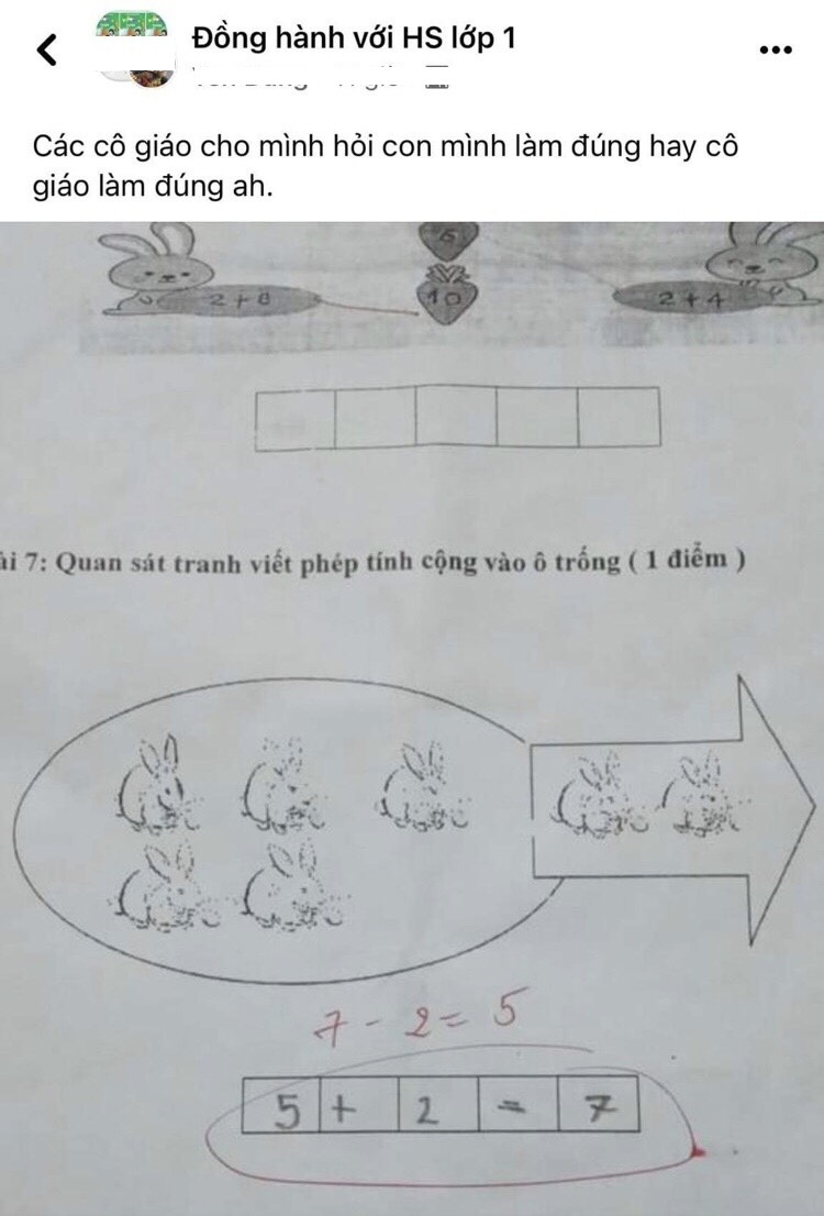 Bài toán lớp 1 yêu cầu một đằng, minh họa một nẻo khiến học sinh bị gạch sai còn phụ huynh tranh cãi ỏm tỏi