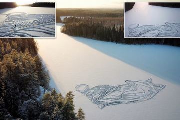 Trầm trồ bức tranh khổng lồ vẽ bằng xẻng trên mặt hồ đóng băng
