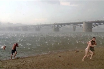 Du khách mặc nguyên đồ bơi tháo chạy khi mưa đá 'siêu hiếm' ập vào bãi biển