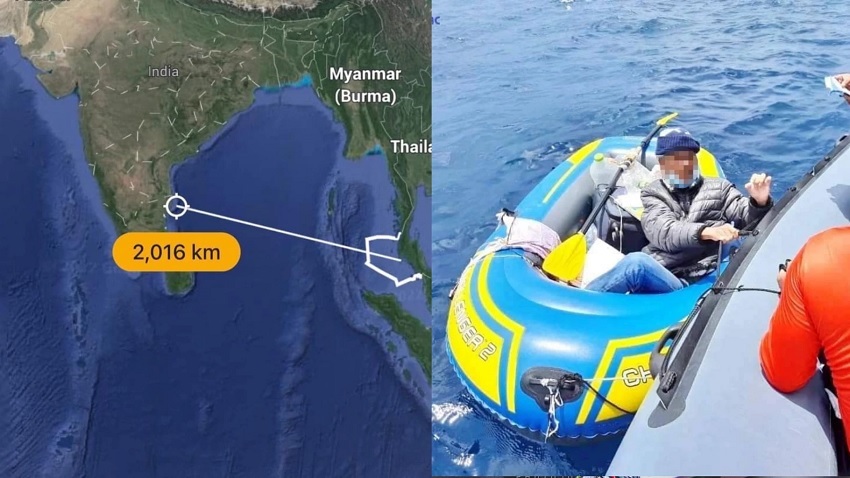 Man rowing rubber boat across the sea from Thailand to India to meet his wife