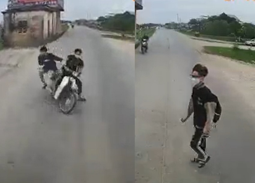 Falling into danger, two young men riding motorbikes 'quickly' abandoned their possessions to keep people