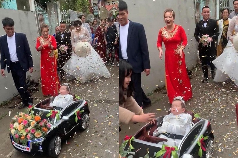 Funny scene of a baby sleeping on a ‘flower car’ in the middle of a royal procession of brides