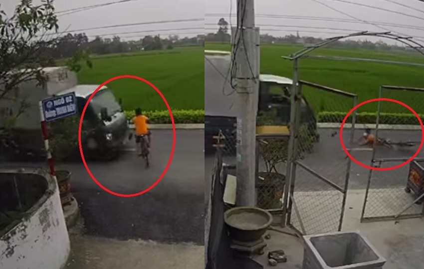 Heart-stopping clip of a child riding a bicycle from the alley to the main road being rammed by a car
