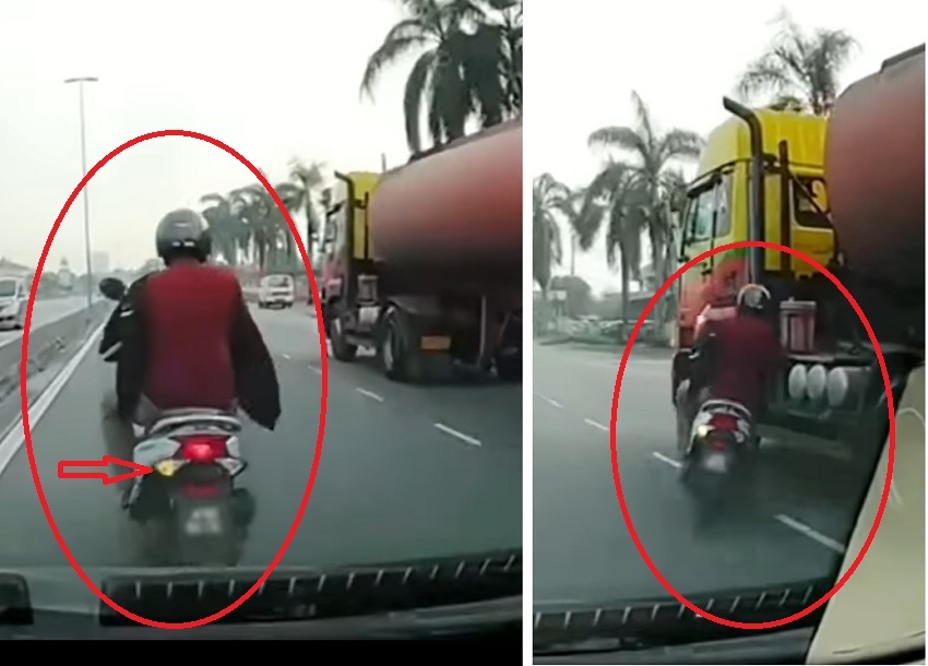 The motorbike driver miraculously escaped death after the 'stealing' phase unconsciously crashed into the side of the tank truck