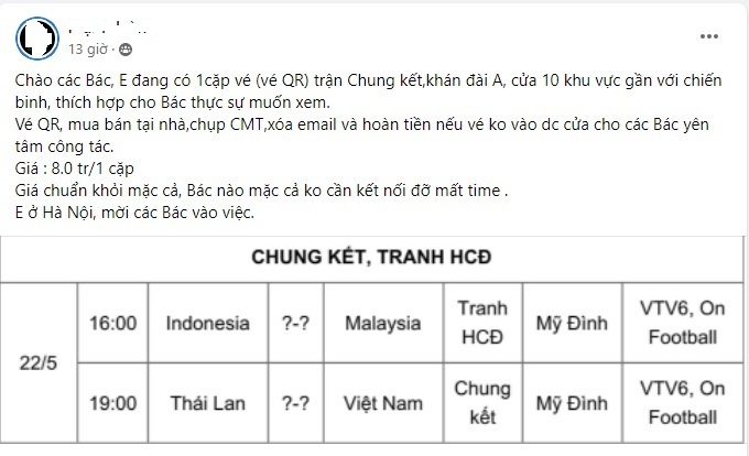 Giá vé trận chung kết U23 Việt Nam - Thái Lan sôi sục, người bán đòi 18 triệu đồng/cặp