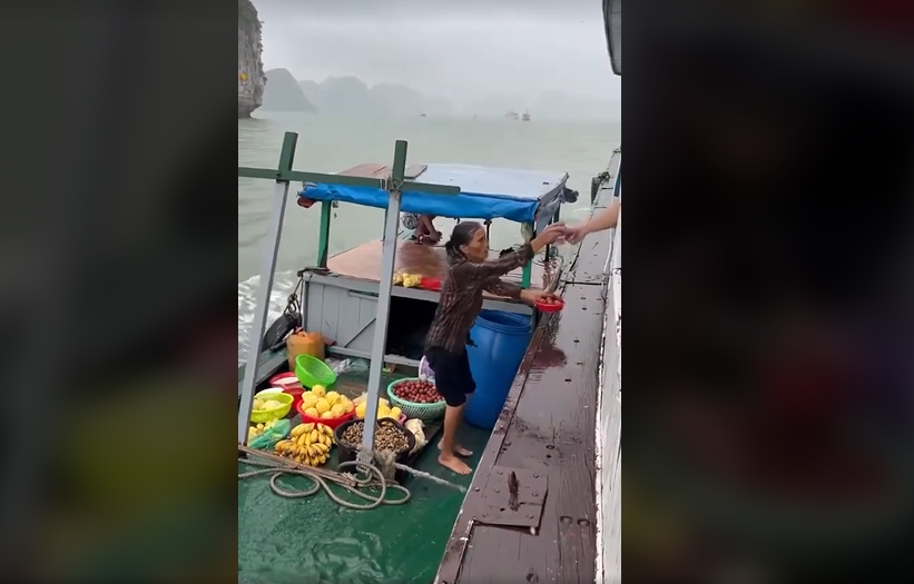 Clip of a woman for a living despite the dangerous rain and wind in Ha Long Bay