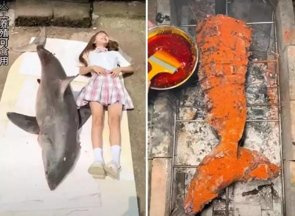 'Sốc' cô gái trẻ thoải mái chia sẻ trên mạng cách tự nấu và ăn thịt cá mập trắng